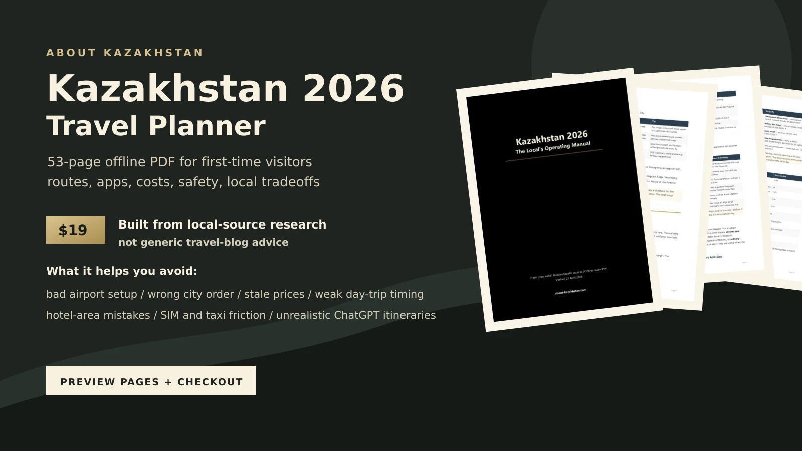 Kazakhstan 2026 Travel Planner PDF mockup with preview pages, price, and planning benefits