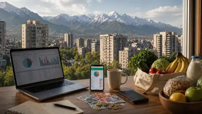 Almaty apartment cost planning table with groceries, tenge, and Tian Shan mountains outside