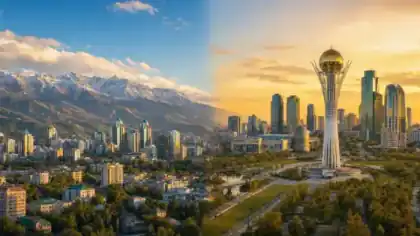 Split image showing Almaty mountain skyline next to Astana futuristic skyline for comparison