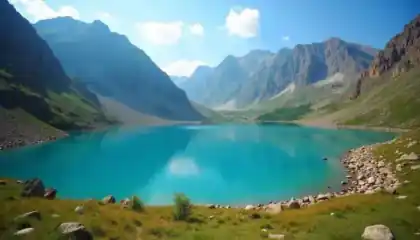 Kolsai Lake one of Kazakhstan's national parks with crystal blue water and pine forest