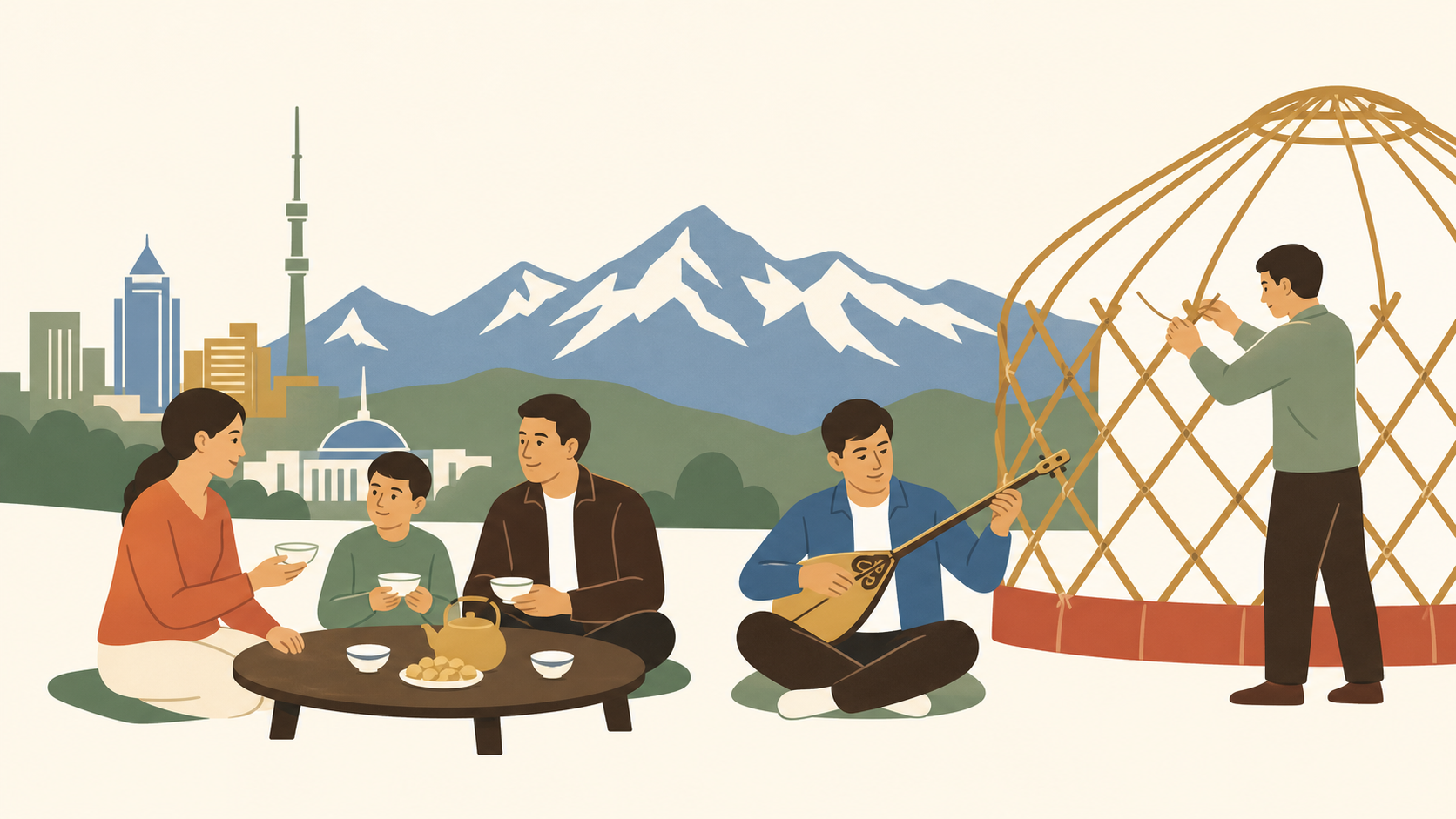 Editorial illustration of a family sharing tea, a dombra player, a yurt craftsperson, and a modern Almaty mountain skyline