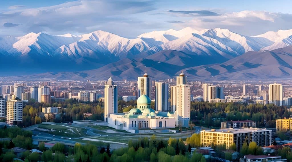 Panoramic view of Almaty city with the Tien Shan mountains in the background