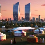 Modern Almaty cityscape at dusk featuring sleek skyscrapers alongside traditional Kazakh yurts in the foreground, set against a colorful sunset sky