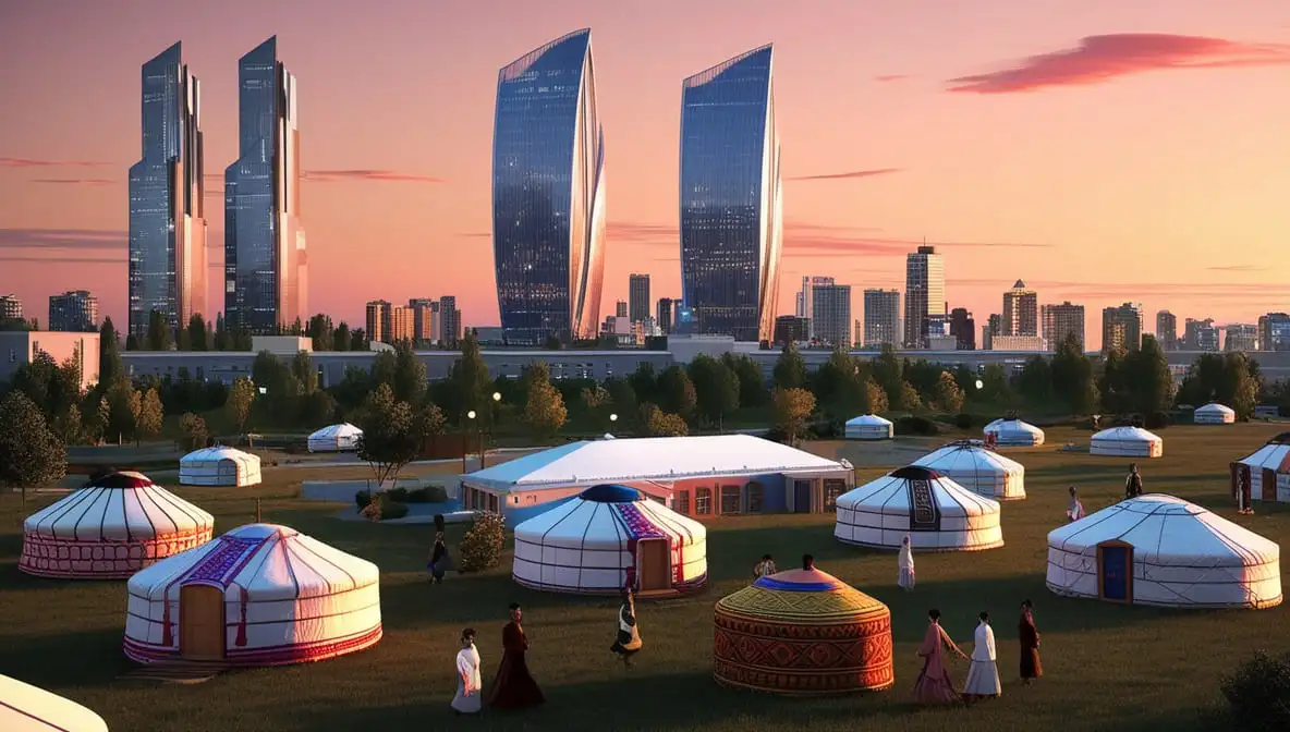 Modern Almaty cityscape at dusk featuring sleek skyscrapers alongside traditional Kazakh yurts in the foreground, set against a colorful sunset sky