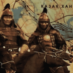 Illustration of the Kazakh Khanate showing traditional warriors on horseback in the vast steppes of Central Asia.