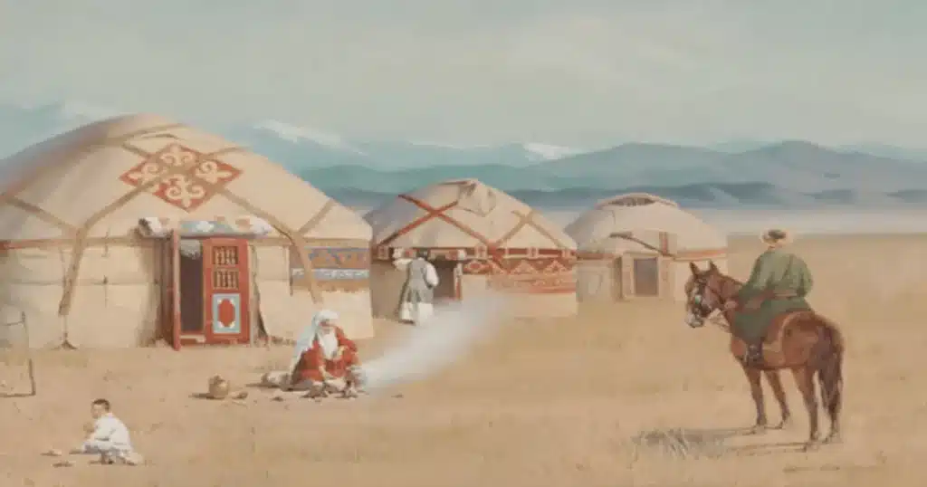 Traditional Kazakh yurts in a vast steppe landscape, with mountains in the background. A rider on horseback approaches while an elder sits by a fire, representing a scene reminiscent of life during the Kazakh Khanate era, highlighting the nomadic culture and lifestyle of the Kazakhs.